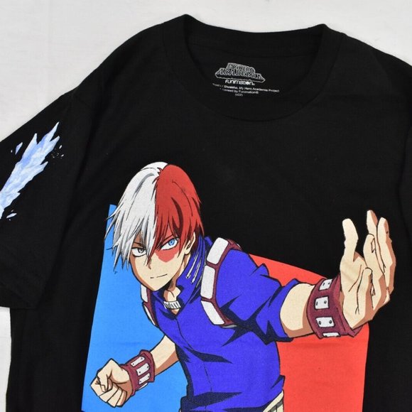 My Hero Academia Mens Shoto Todoroki Fire & Ice Sleeves Black Shirt New - Picture 3 of 3